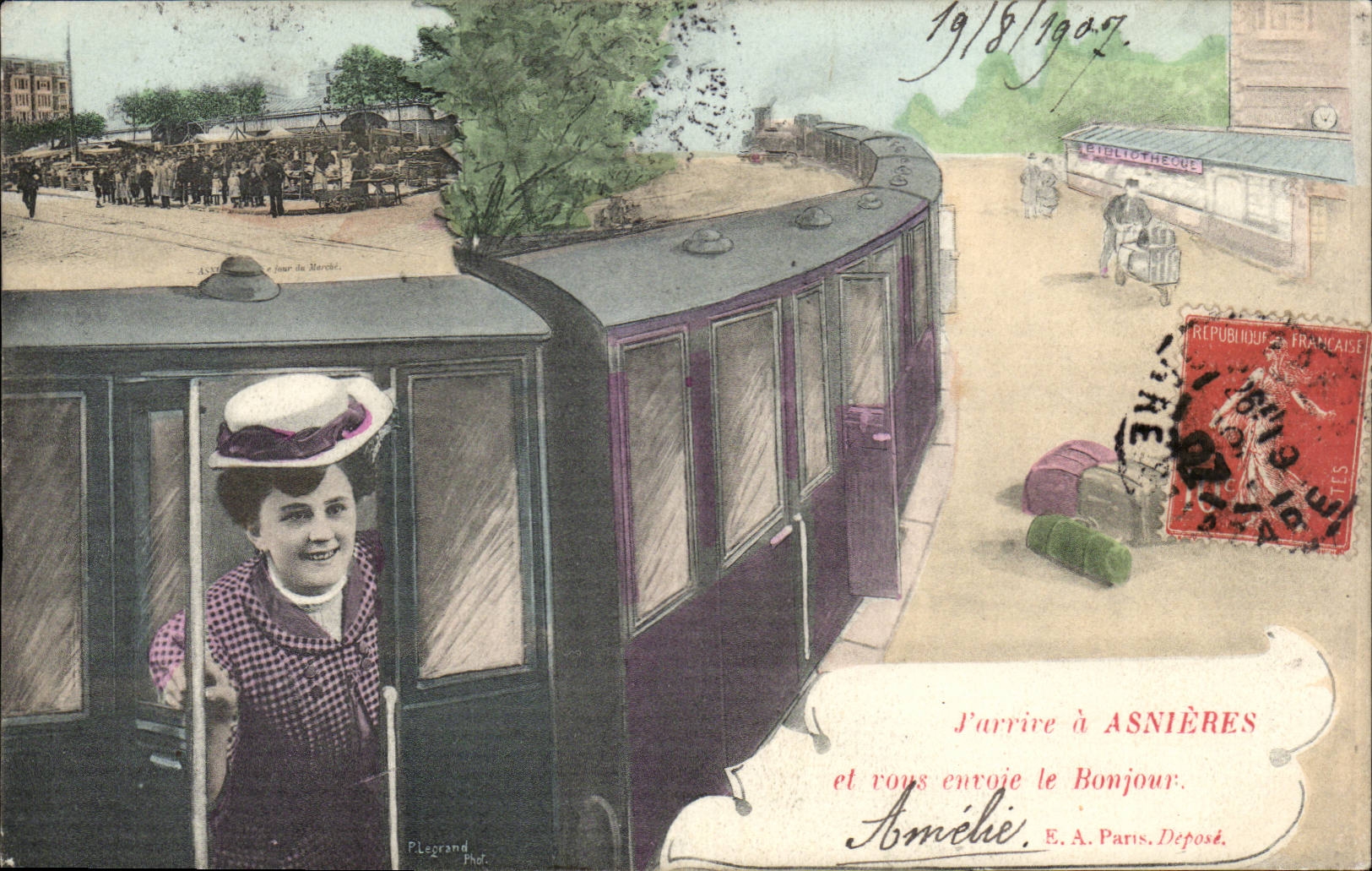 CPA I arrive has Asnieres and to you sends the hello (train)