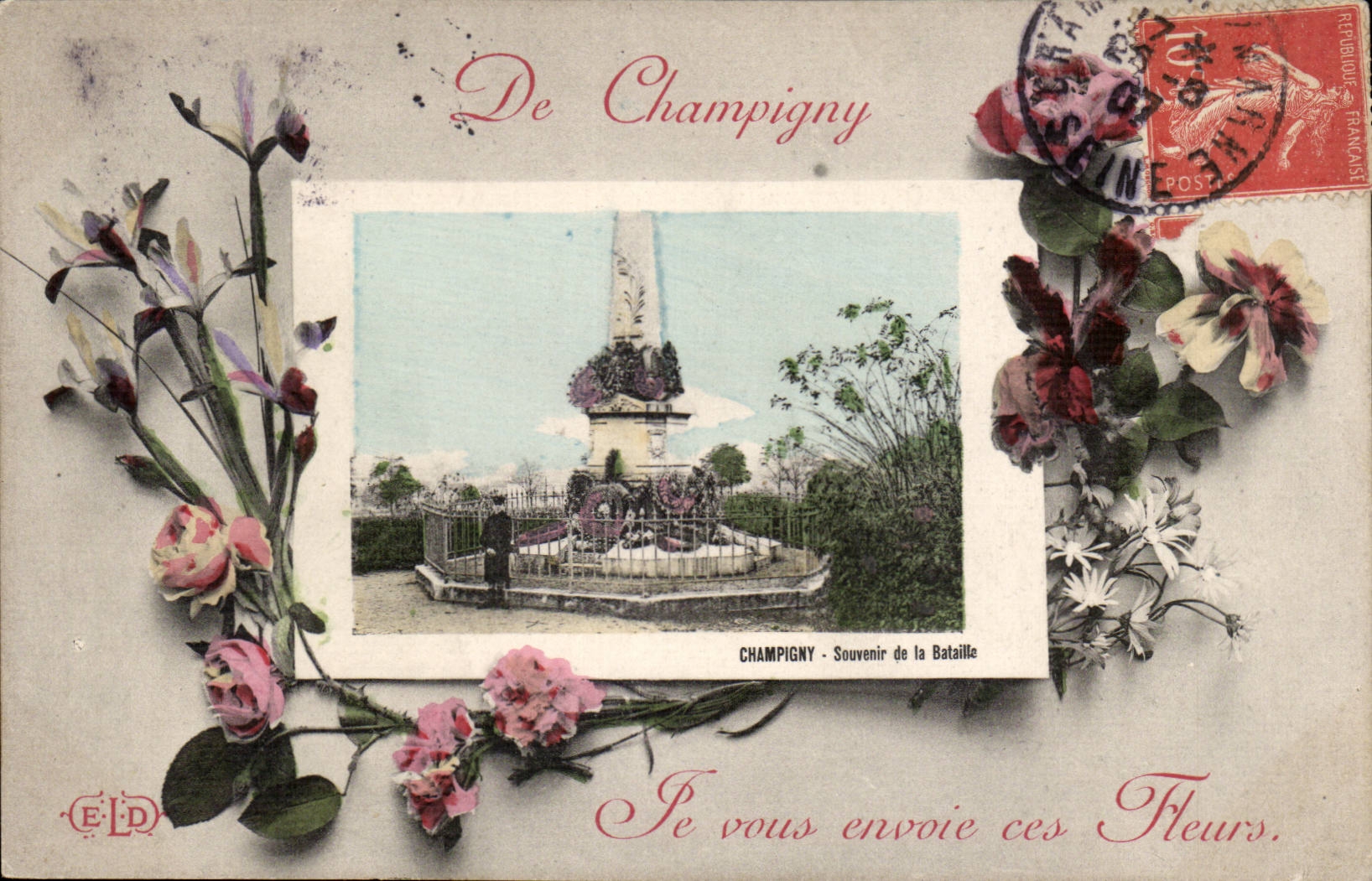 Champigny CPA Je vous envoie ces fleurs Fantaisie Souvenir de la bataille
