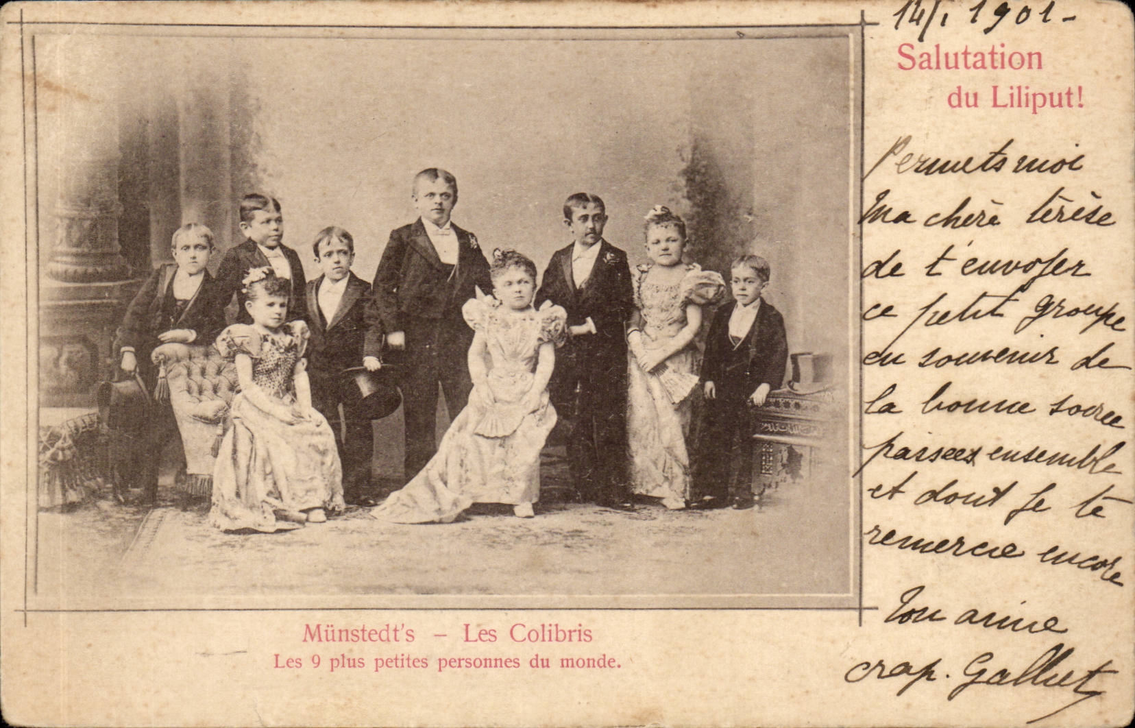 CPA Munsted S Kolibris 9 kleinere Leute der Welt (Zwerge stellen) in den Schatten Liliput (Folkloremonster)