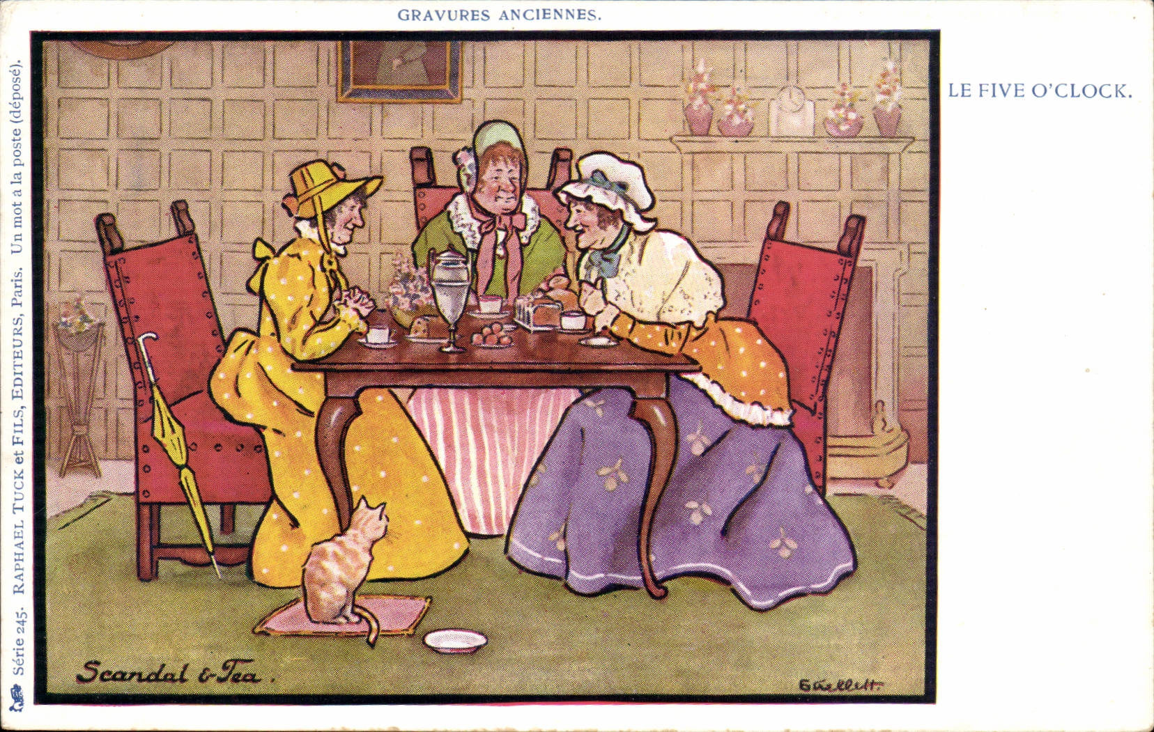 CPA old Engravings Five O clock (folklore cat cat)