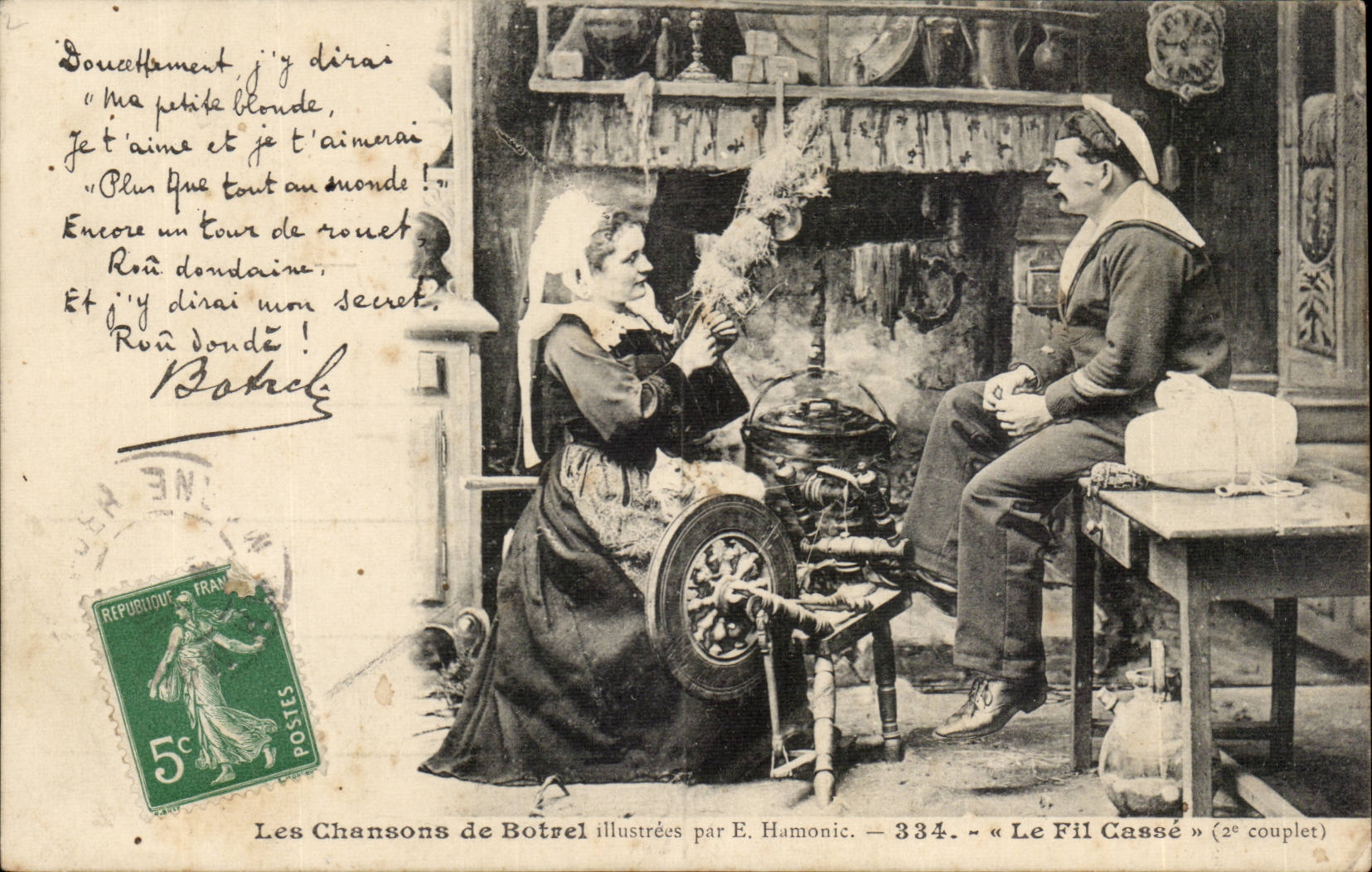 CPA the songs of Botrel the wire breaks (couple)