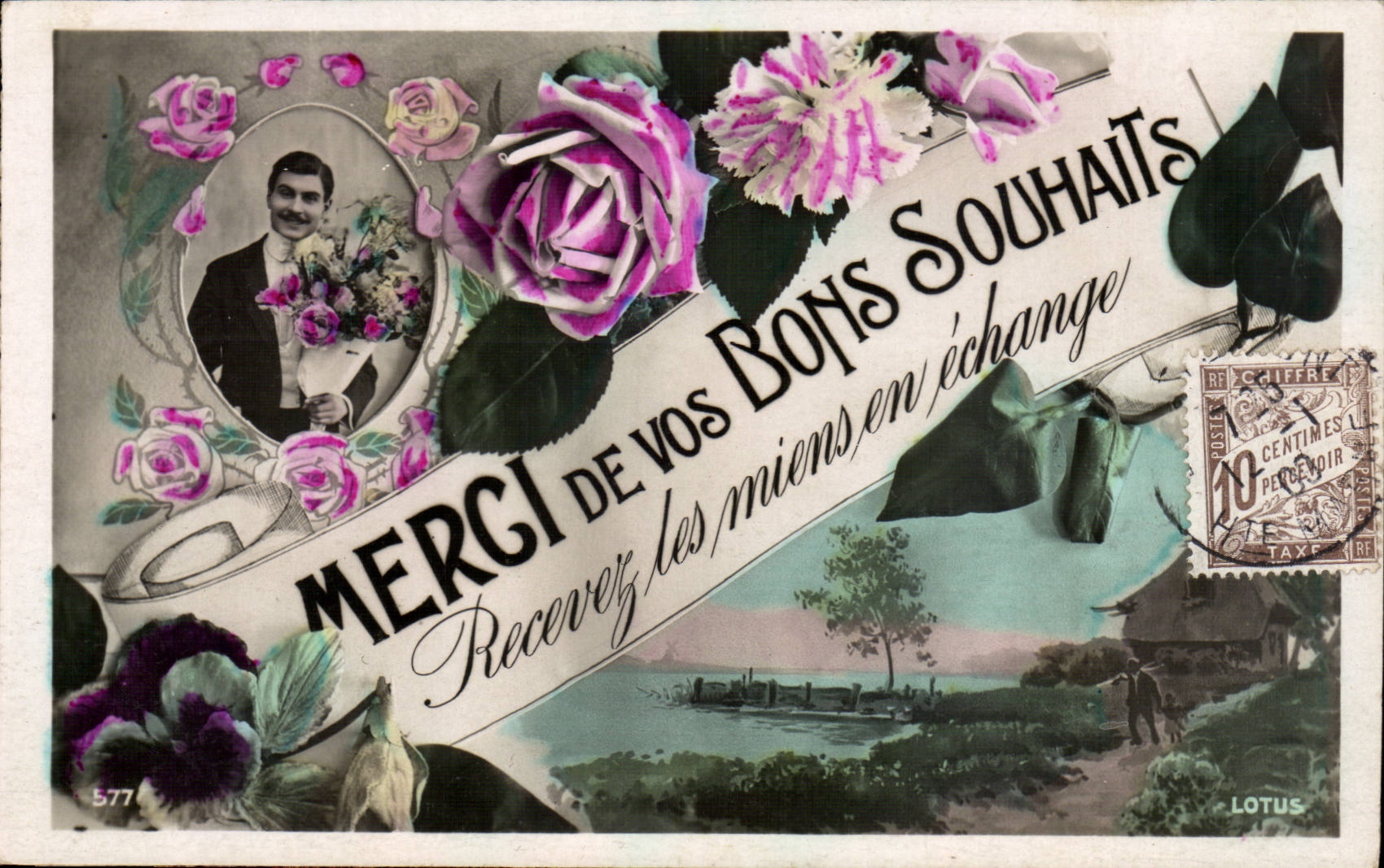 CPA Fantasy Thank you of your good wishes Recevez mine exchanges some (Man flowers)