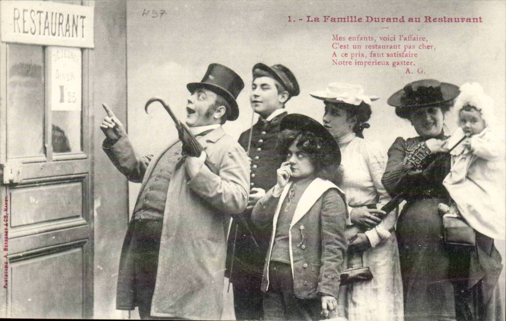 CPA Fantaisie humour La famille Durand au restaurant