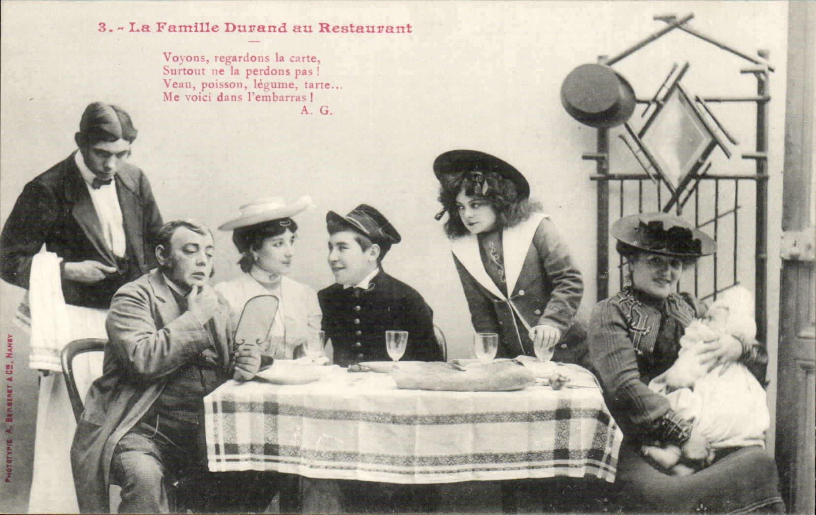 CPA Fantaisie humour La famille Durand au restaurant