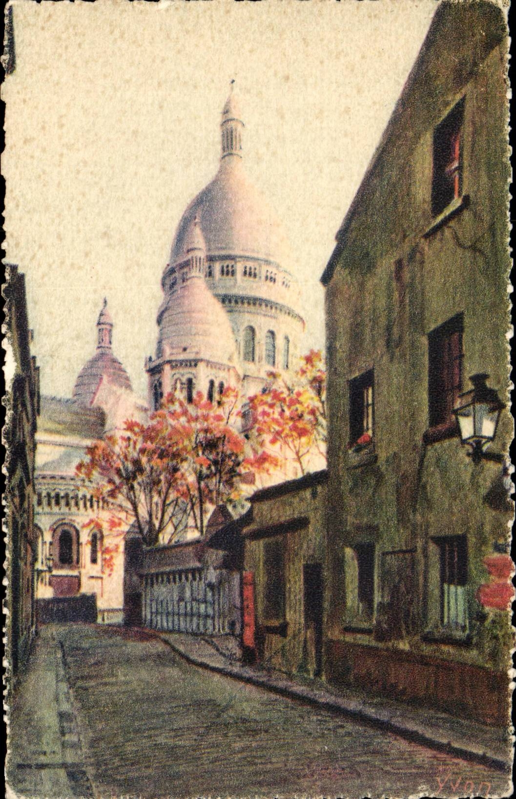 CPA Paris Montmartre La basilique vue de le rue du Chevalier de la Barre