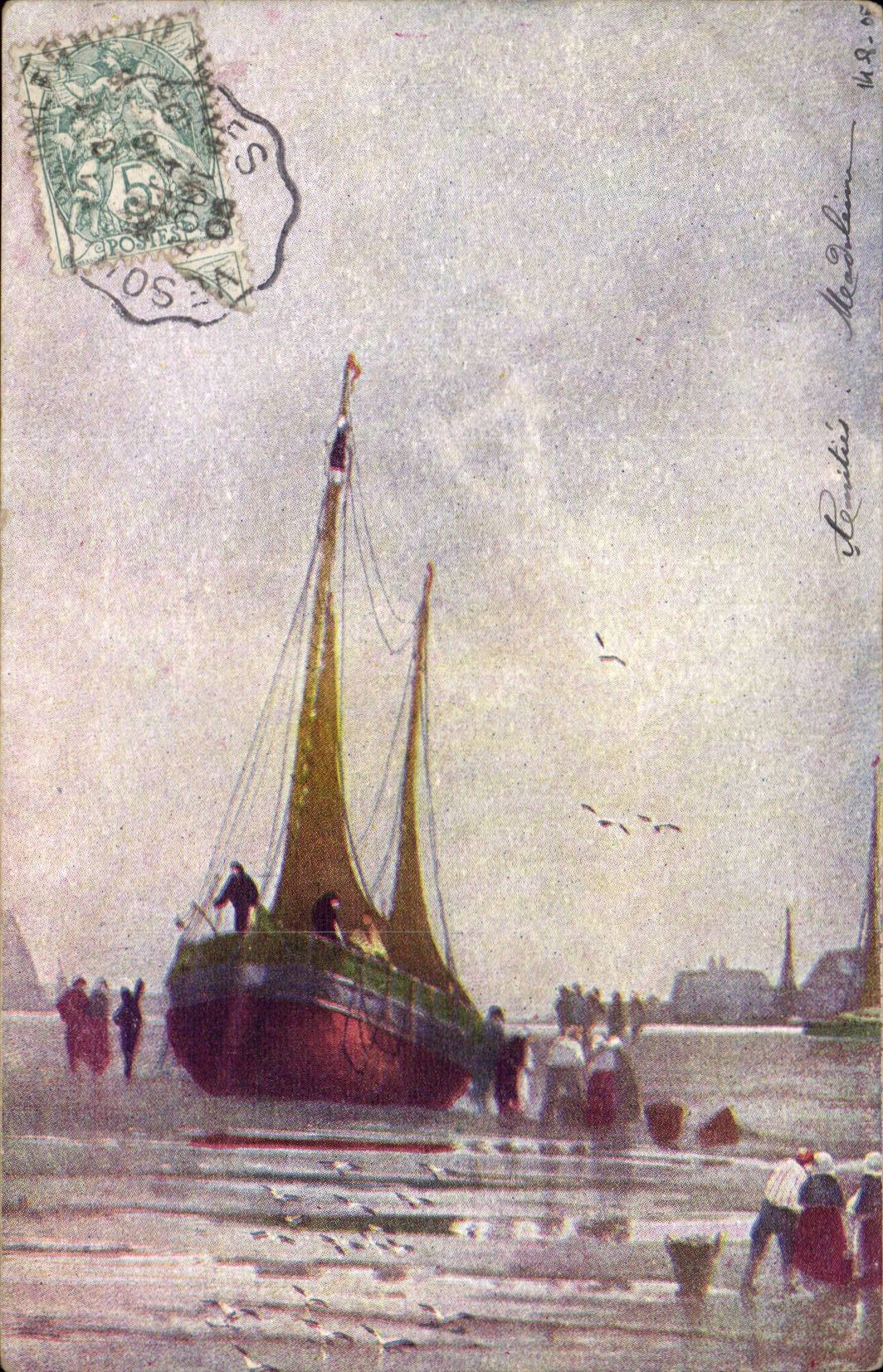 Trawl-nets on the Marne - Mr Jaquard Lieutenant to the 156 of Infantrie - boat - CPA