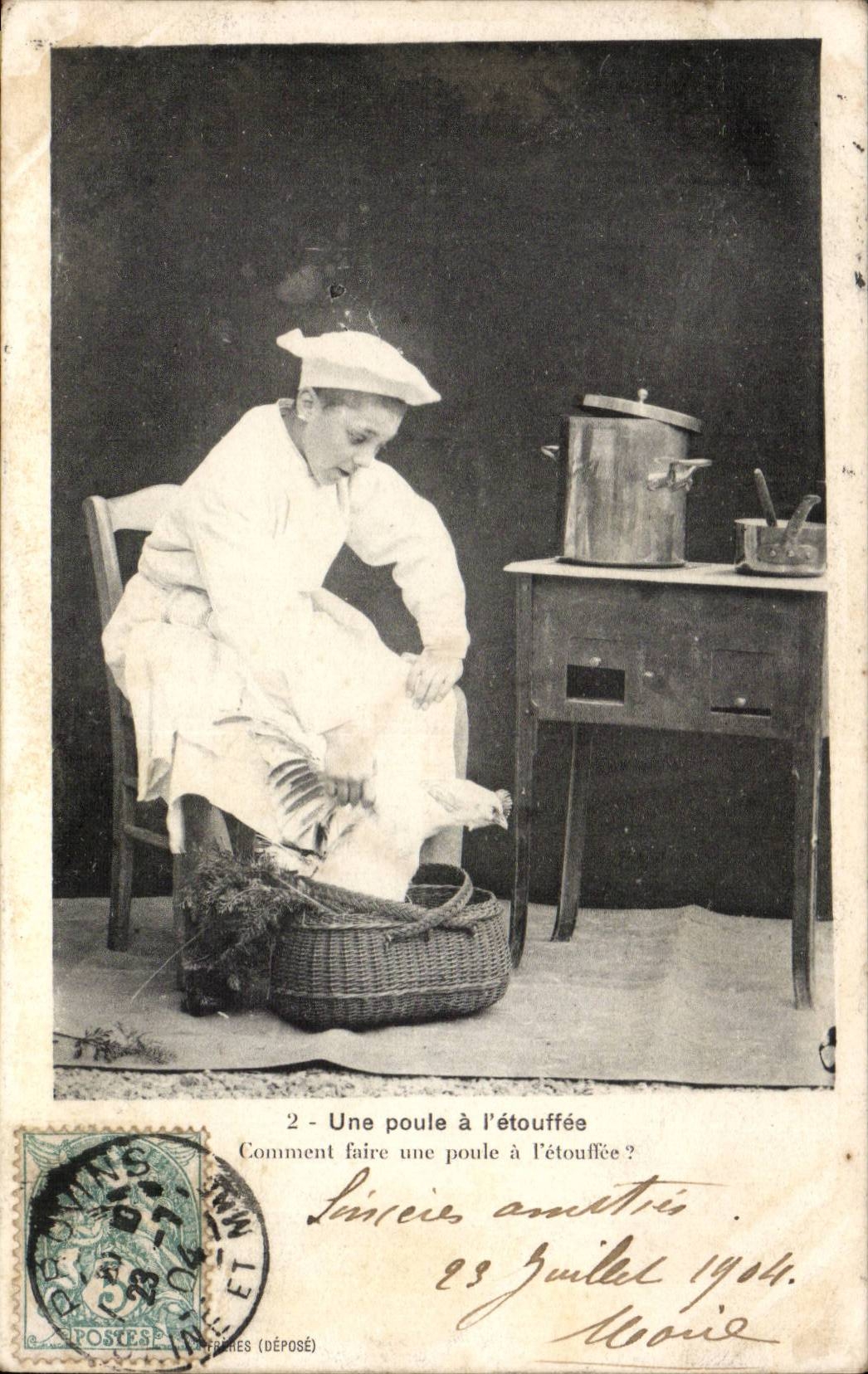 Phantasie - Kind - Junge - ein Huhn mit dem etouffee - wie man eine Henne - Reihe von 6 Diagrammen - CPA bildet