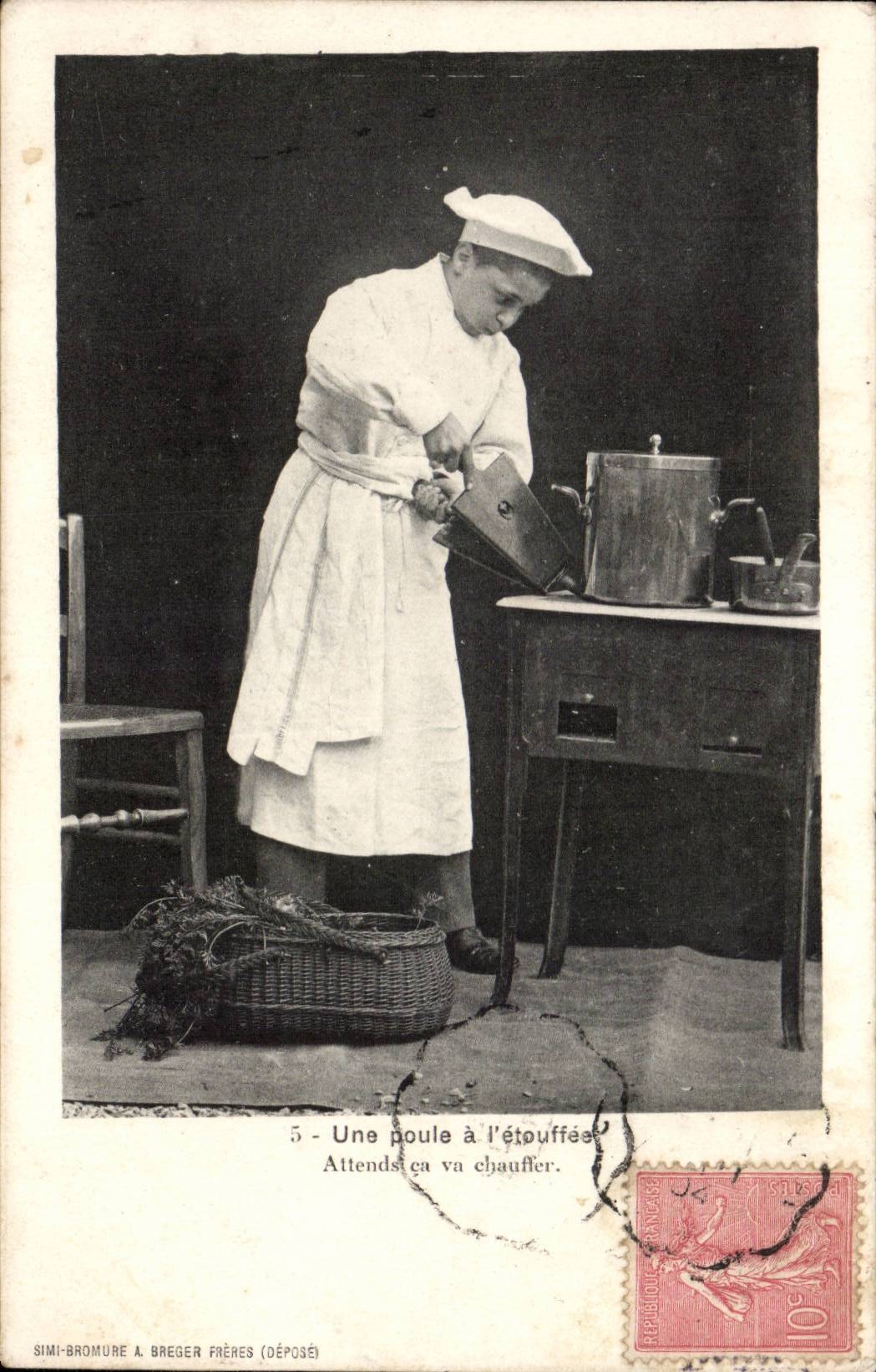 Phantasie - Kind - Junge - ein Huhn mit dem etouffee - Ca erhitzt - Reihe von 6 Diagrammen - CPA