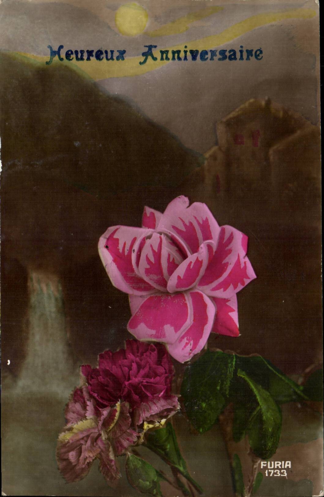 CPA Happy Fantasy Fantasy birthday Rose Flowers