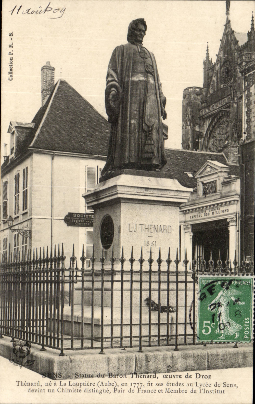 Sens CPA Statue of the Baron Thenard works of Droz