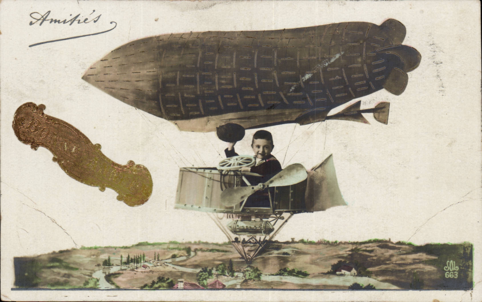 Phantasie - kleiner Junge - Zeppelin - vergoldet - CPA