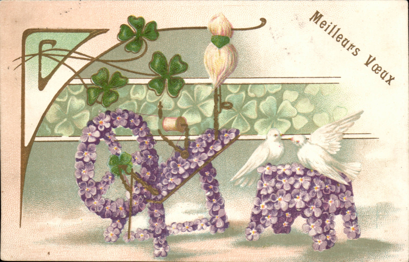 Phantasie - Wunsche verbessern - Ofenblattklee und -tauben - vergoldet - Entlastung - strukturierte Karte - CPA