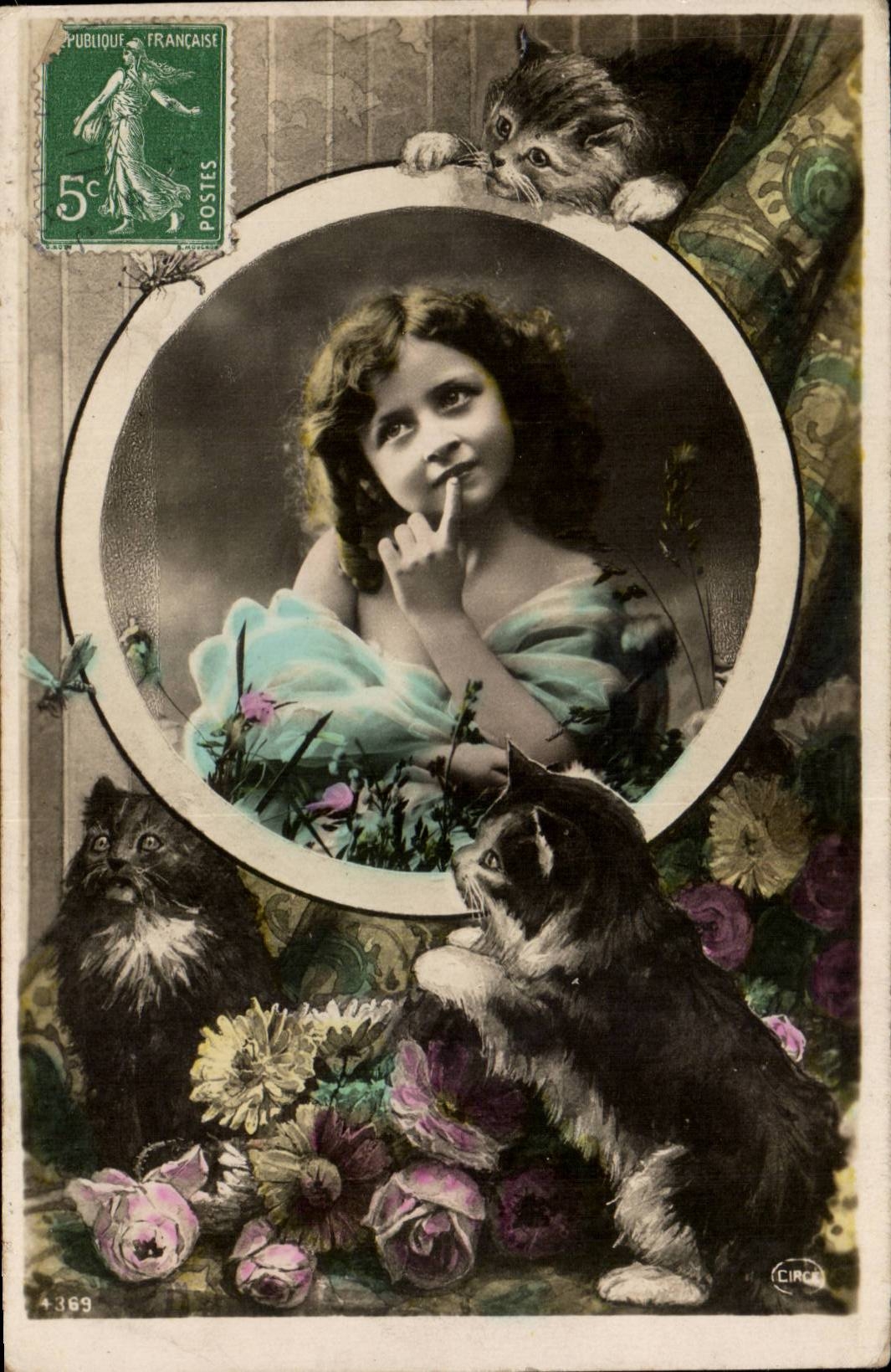 Fantasy - Child - small file and kitten - cat - sweet girl and adorable cats - CPA