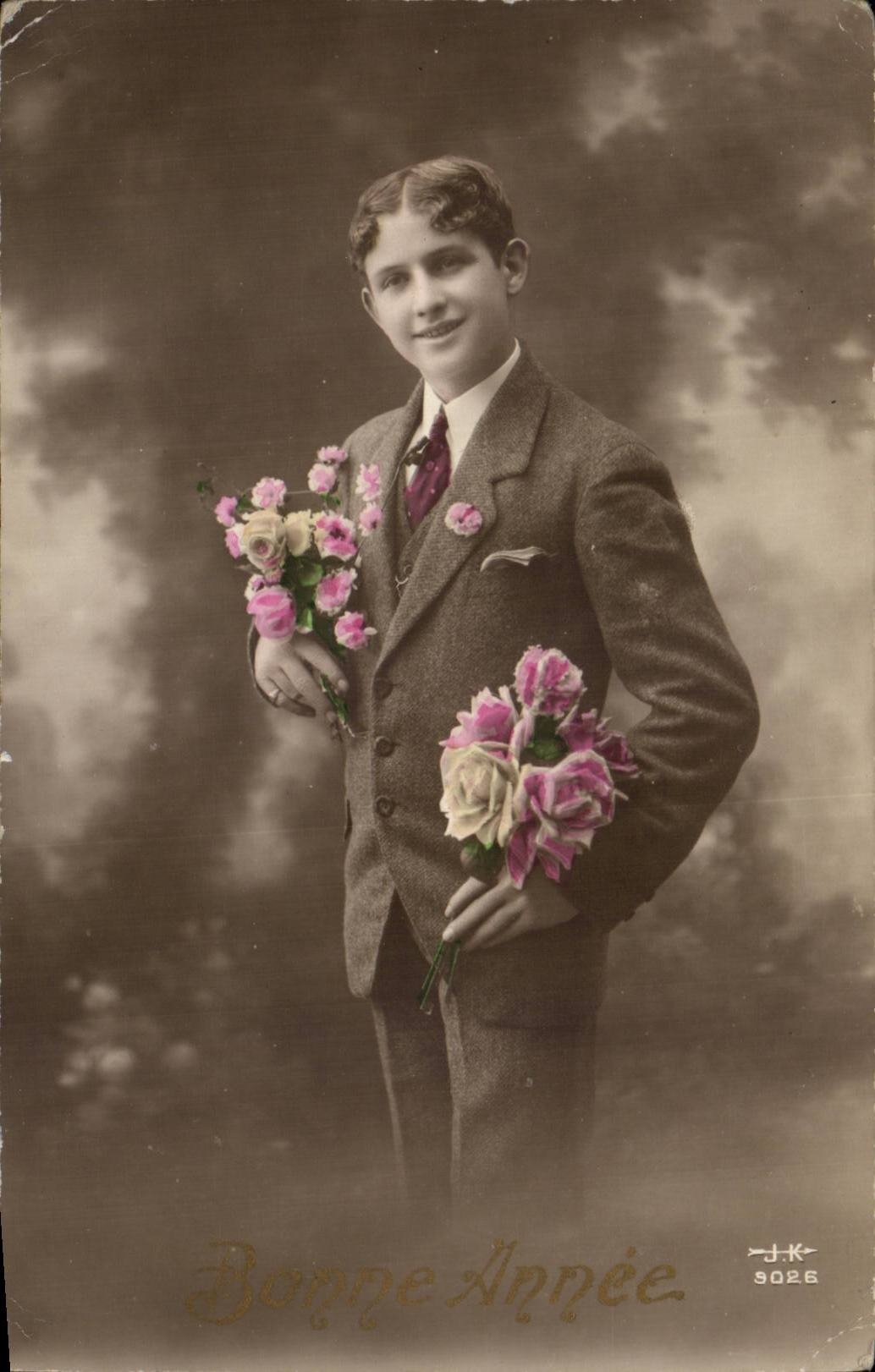 Fantasy - Young man with flowers - CPA