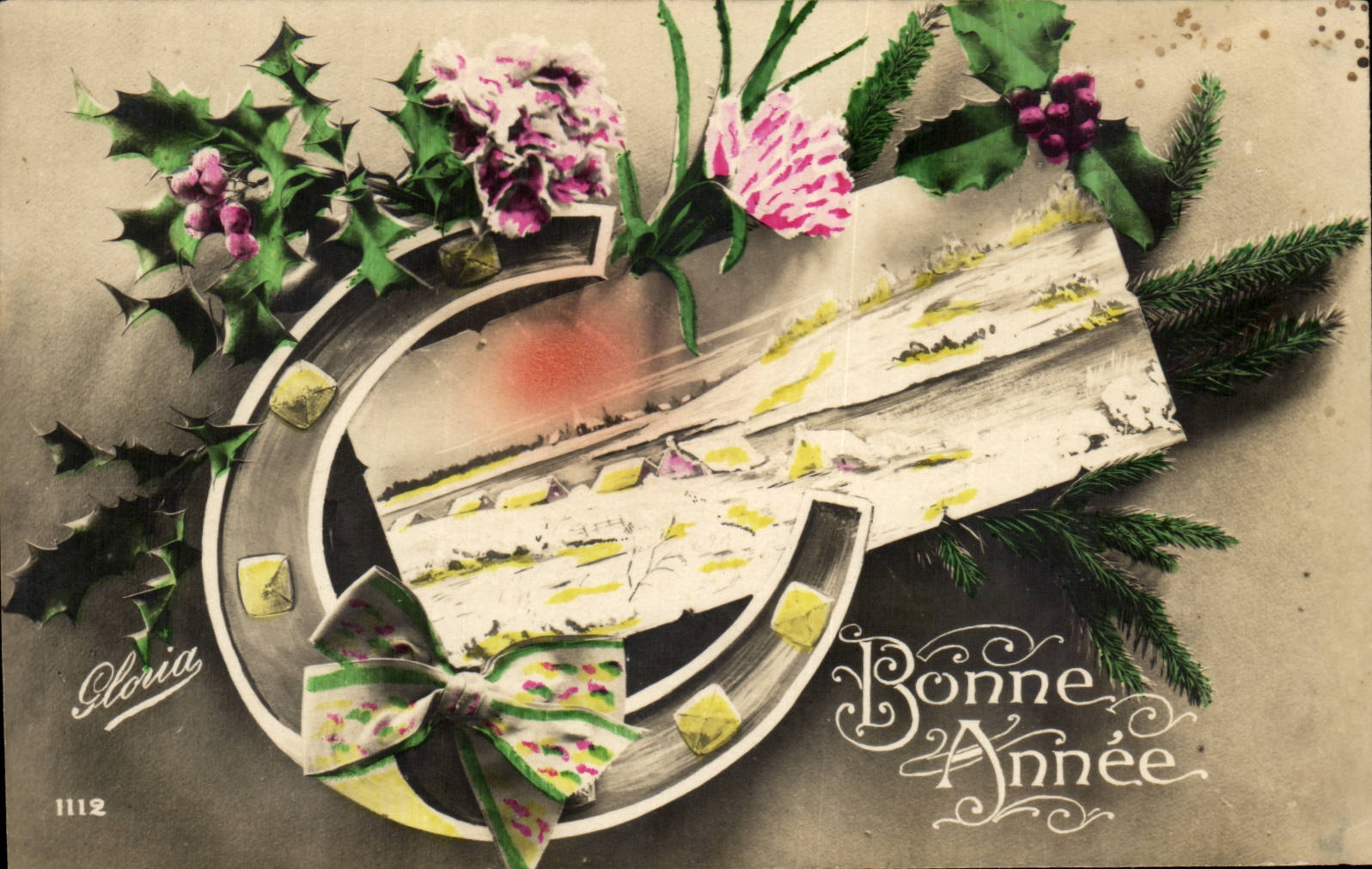 Fantaisie - Bonnee Annee - Horse shoe and holly - CPA