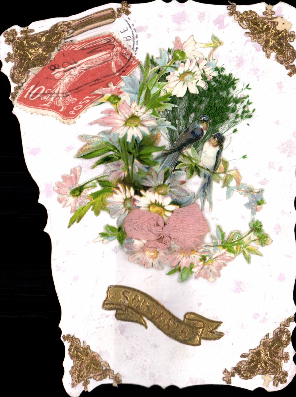 Phantasie - Blumen - Andenken - Entlastung vergoldet - texured Karte mit realem Sprig weg weg den Blumen und vom Band - CPA