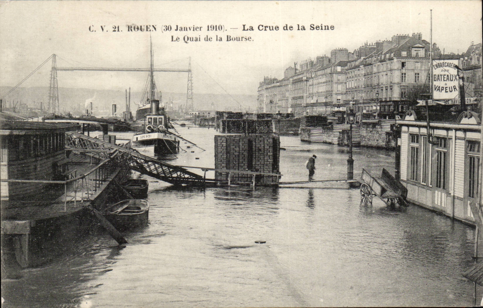 Rouen CPA January 30th 1910 the rising of the Seine the quay of the Stock Exchange
