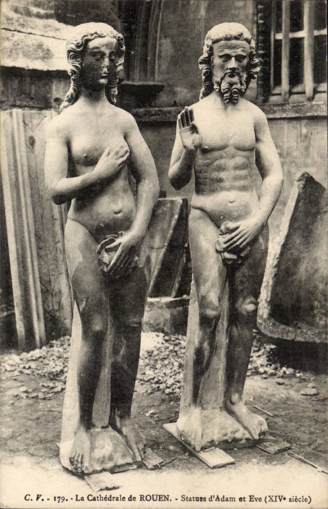 CPA the cathedral of Rouen Statues of Adam and Eve