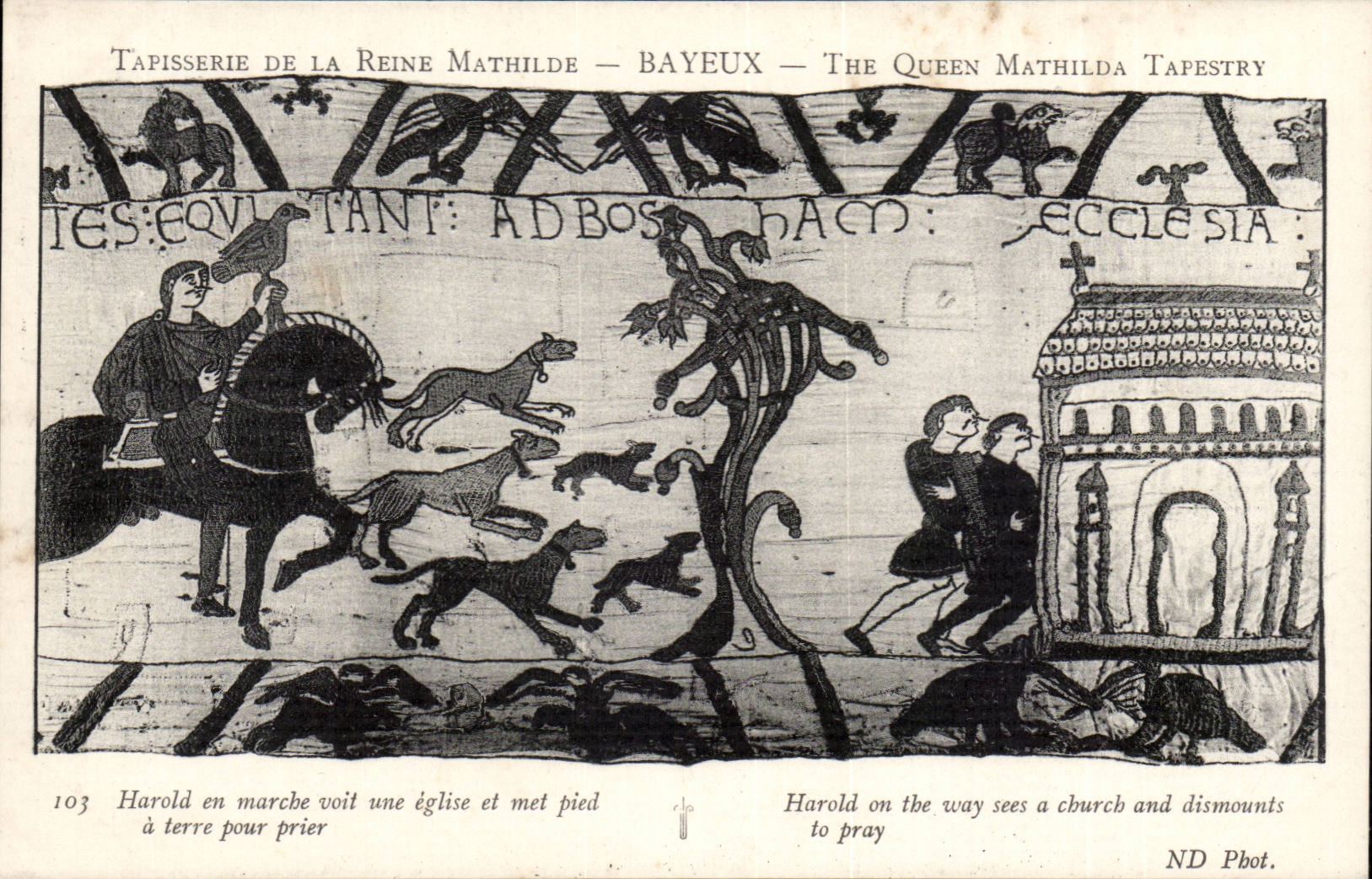 Tapestry of the queen Mathilde Bayeux CPA Harold in market sees a church