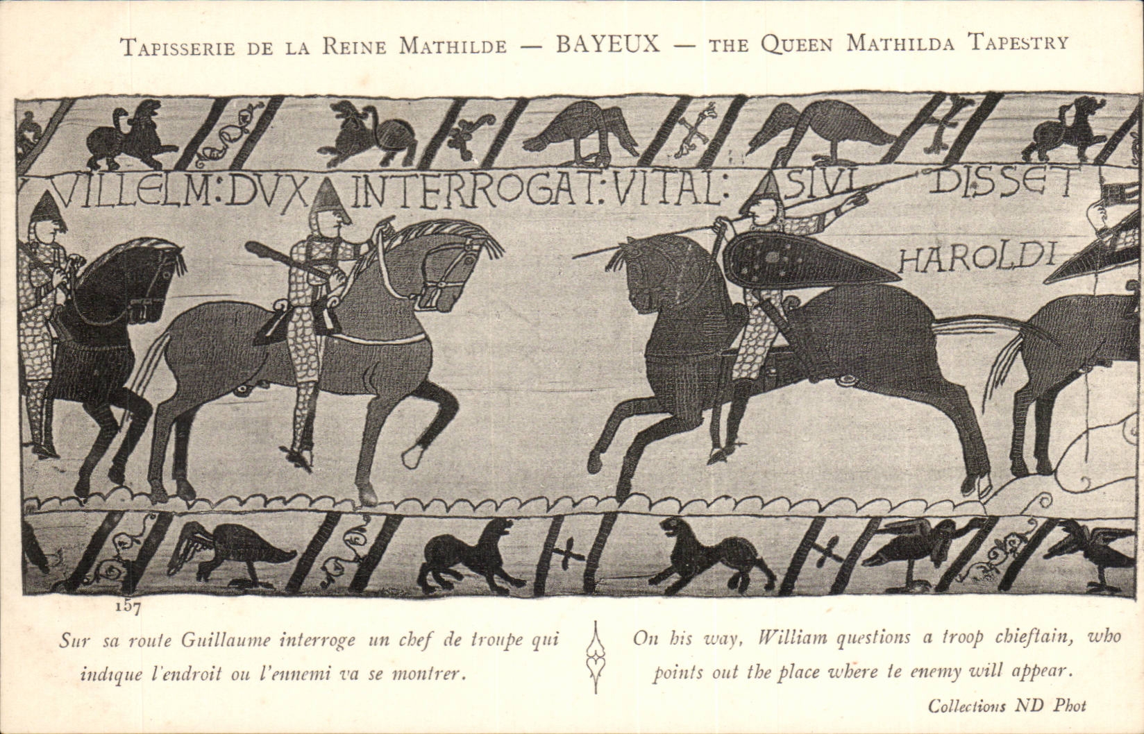 CPA Tapisserie der Konigin Mathilde Bayeux auf der Guillaume-Strasse fragt einen Leiter der Truppe