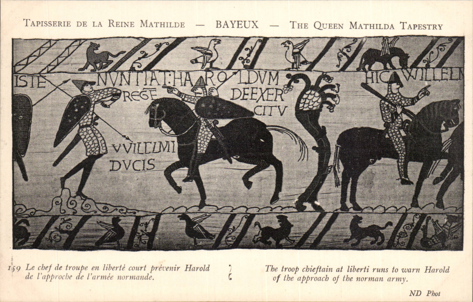 CPA Tapisserie der Konigin Mathilde Bayeux das der Leiter der Truppe in der Freiheit lauft um Harold zu warnen