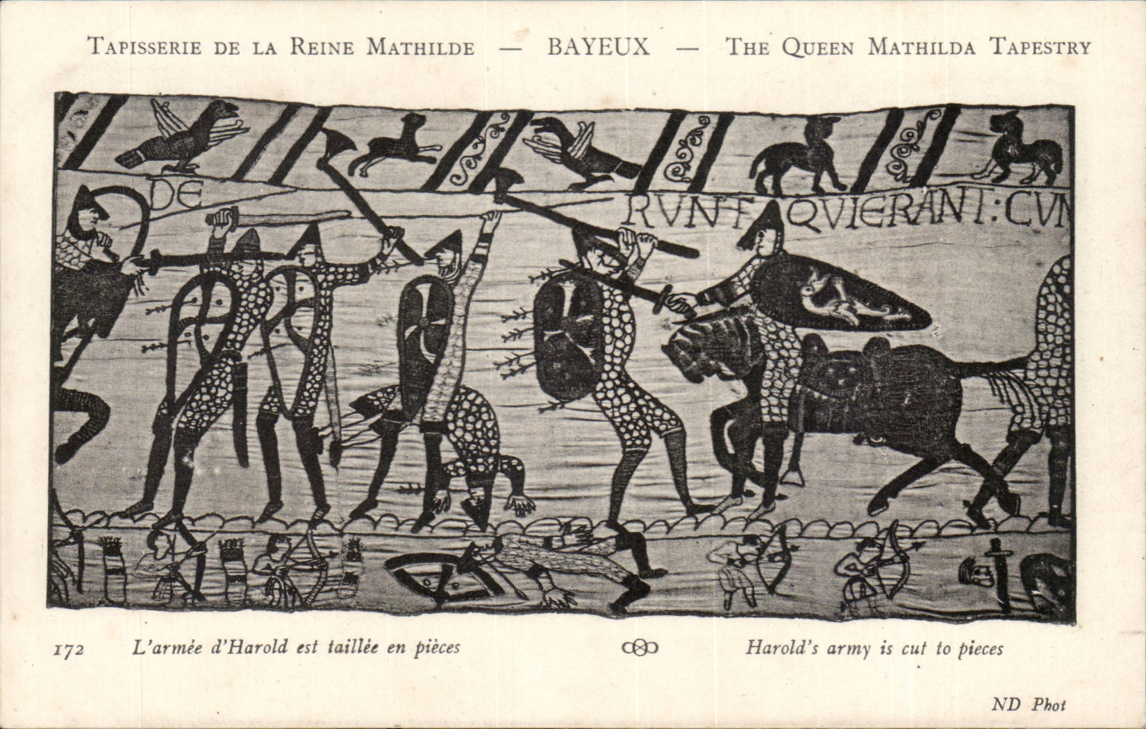 CPA Tapisserie der Konigin Mathilde Bayeux die Armee von Harold ist taillee in den Teilen