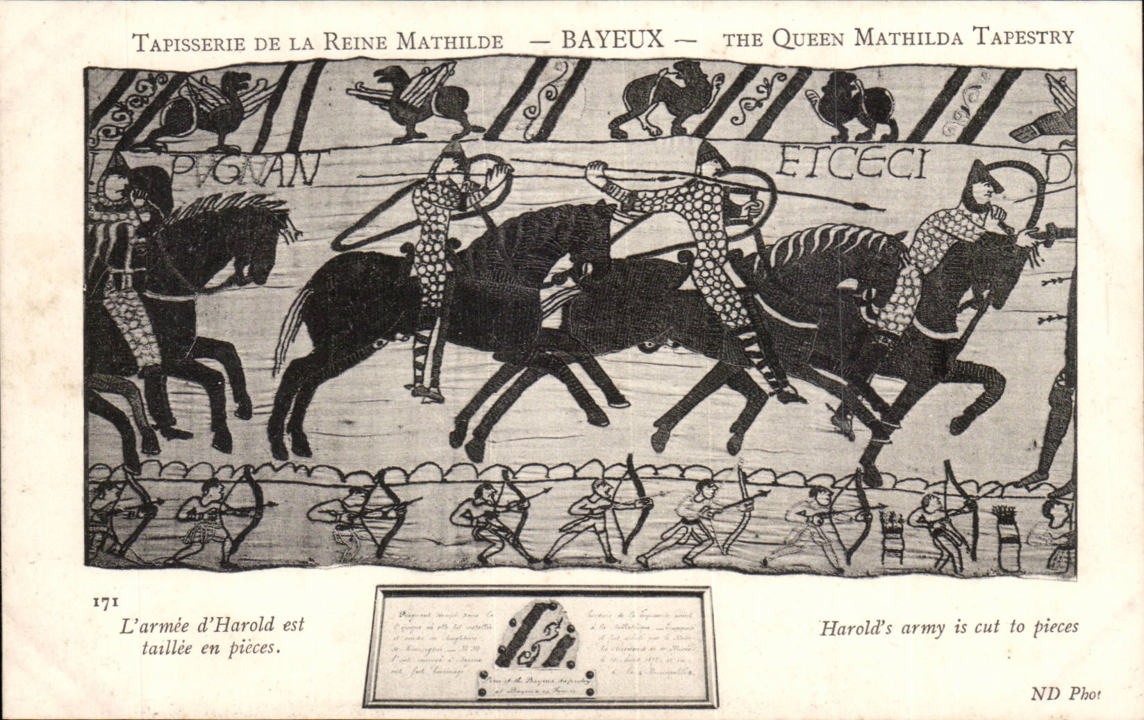 CPA Tapisserie der Konigin Mathilde Bayeux die Armee von Harold ist taillee in den Teilen