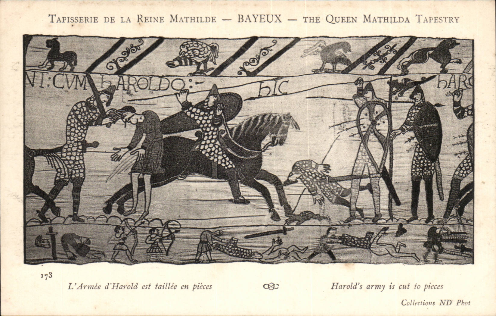 CPA Tapisserie der Konigin Mathilde Bayeux die Armee von Harold ist taillee in den Teilen