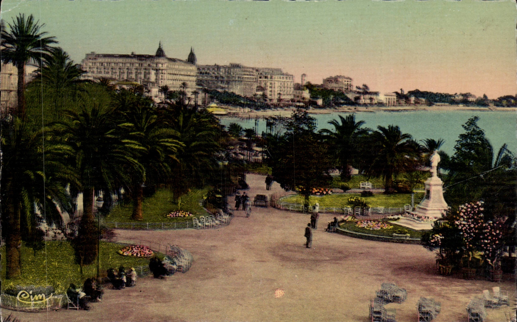 Cannes CPA gardens Statue the Edouard VII large hotels