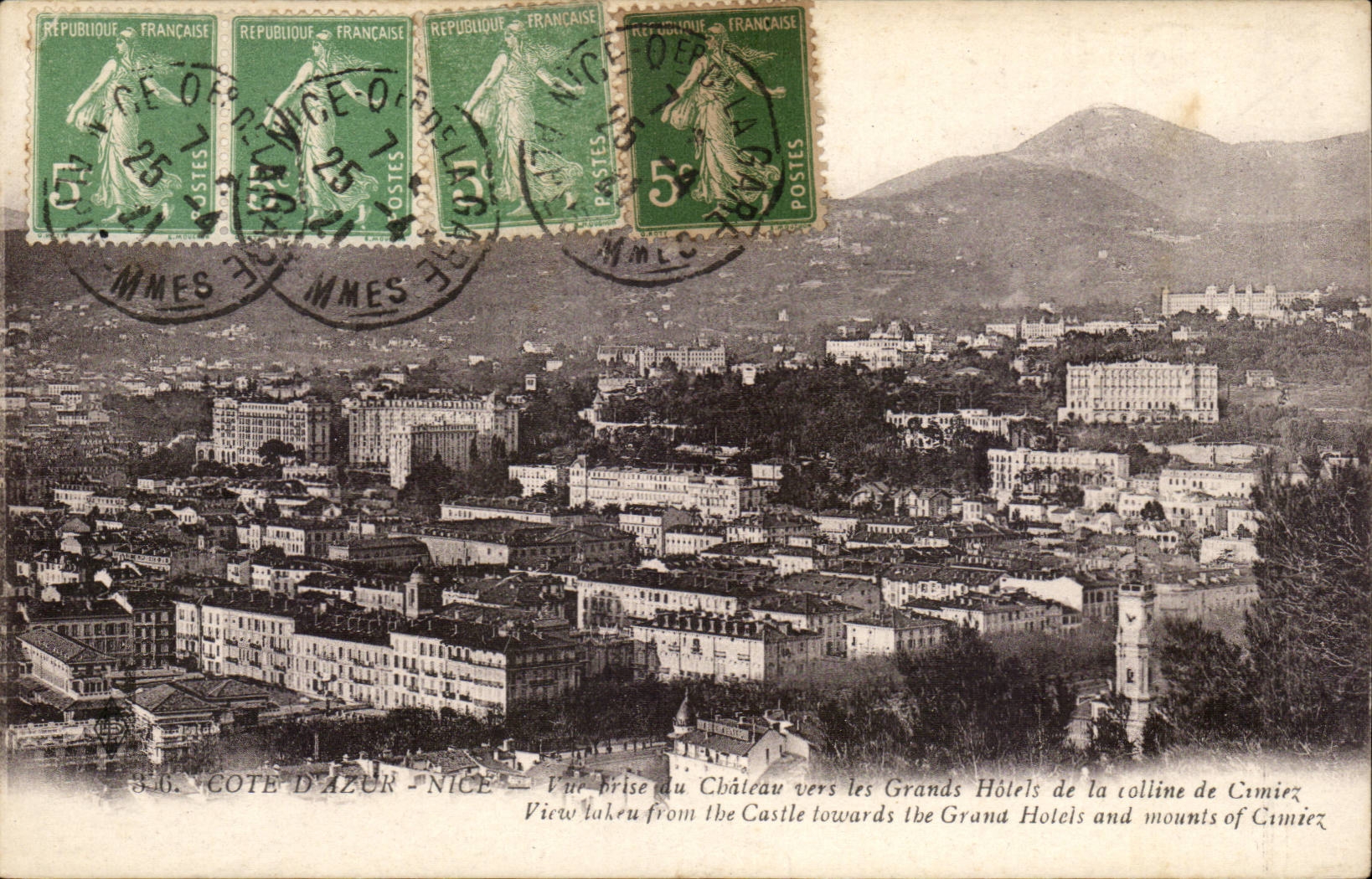 Nettes CPA gesehen vom Schloss in Richtung zu den grossen Alhugelhotels von Cimiez