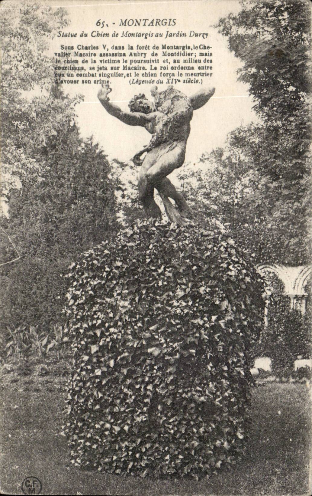 Montargis CPA Statue des chein von Montargis zum Durzy Garten