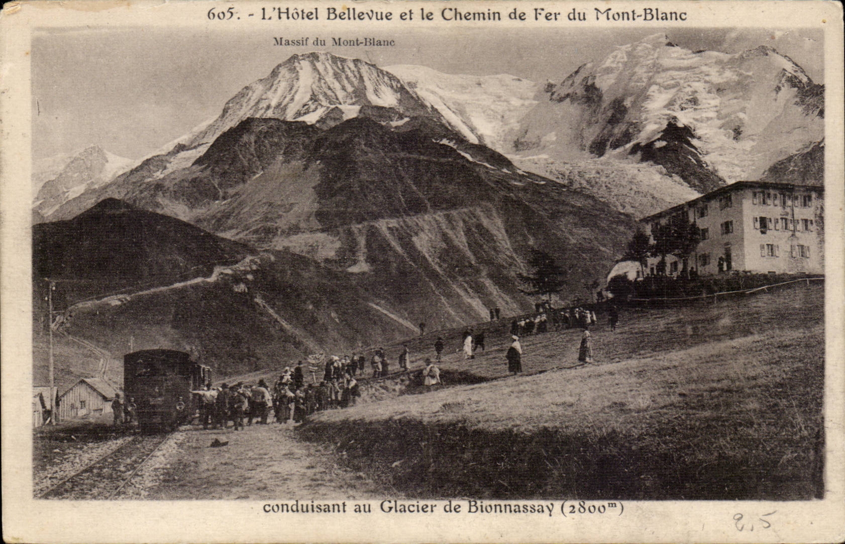 CPA Hotel Bellevue and the railroad of Mont Blanc leading to the glacier of Bionnassay (train)