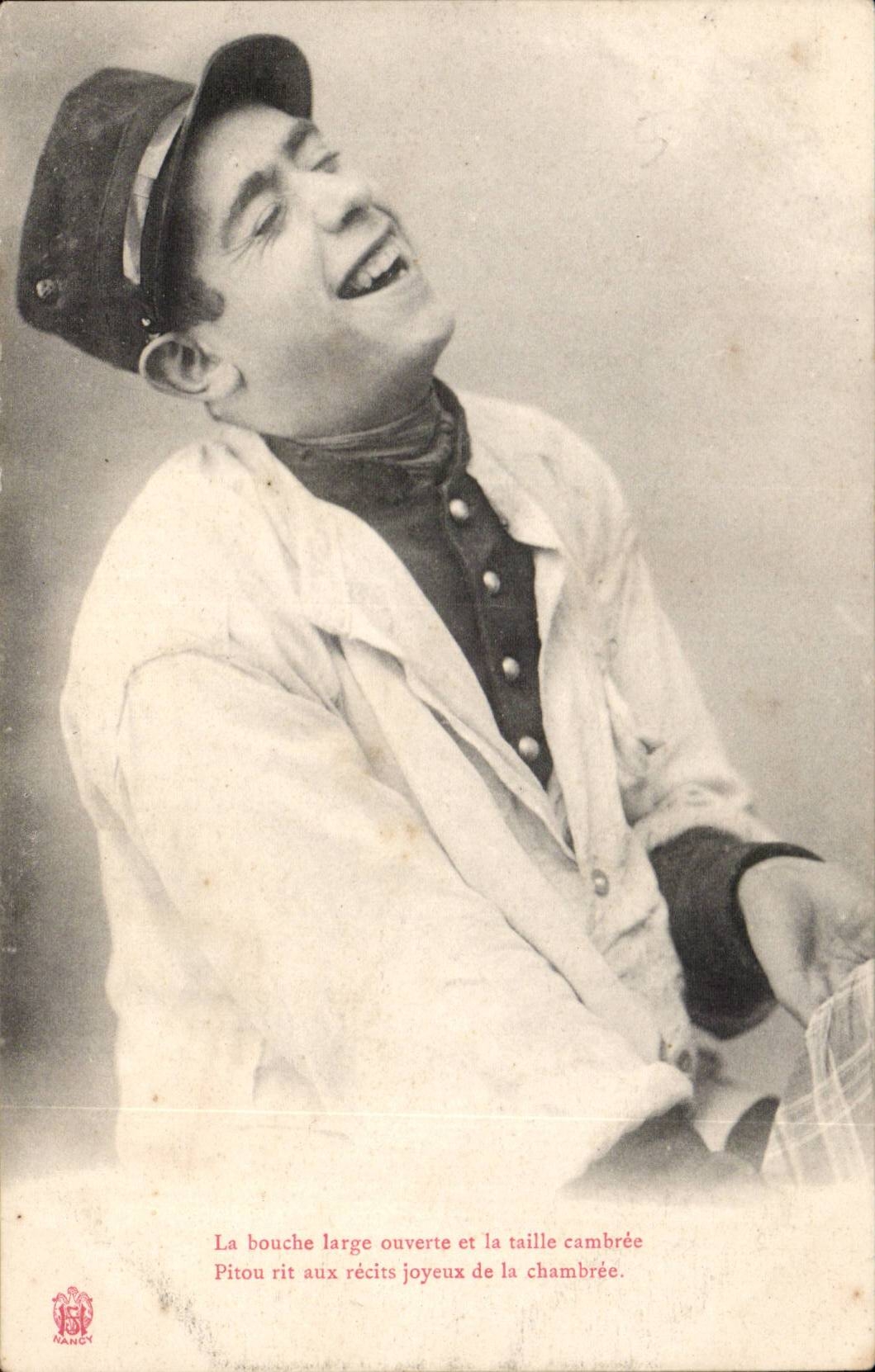 CPA Fantasy the open broad mouth and has size cambree Pitou laughs with the merry accounts of the barrack room (militaria)