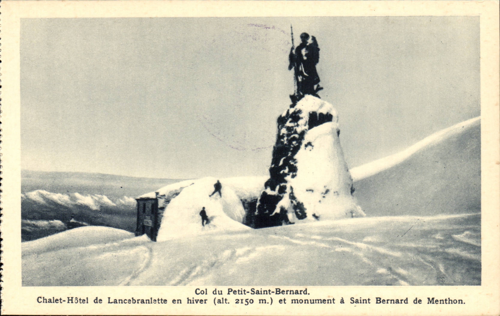 Collar of Small Saint Bernard CPA Country cottage hotel of Lancebranlette in winter and monument has Saint Bernard de Menthon