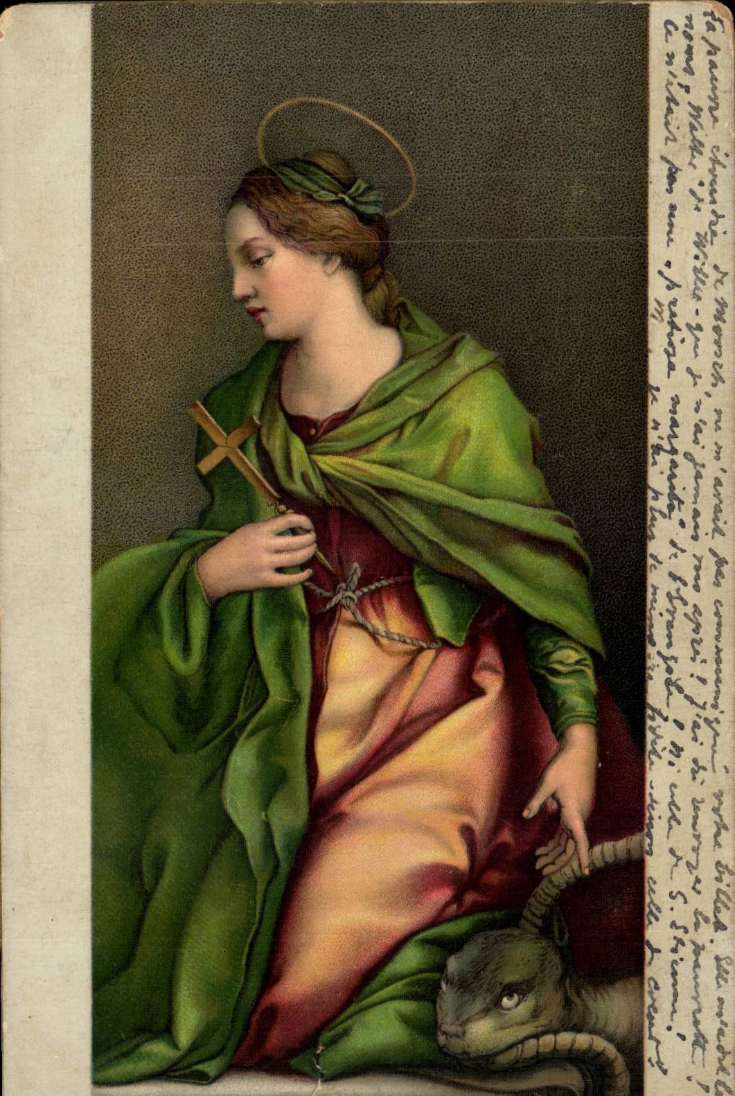 CPA Peinture Serpent snake et Vierge