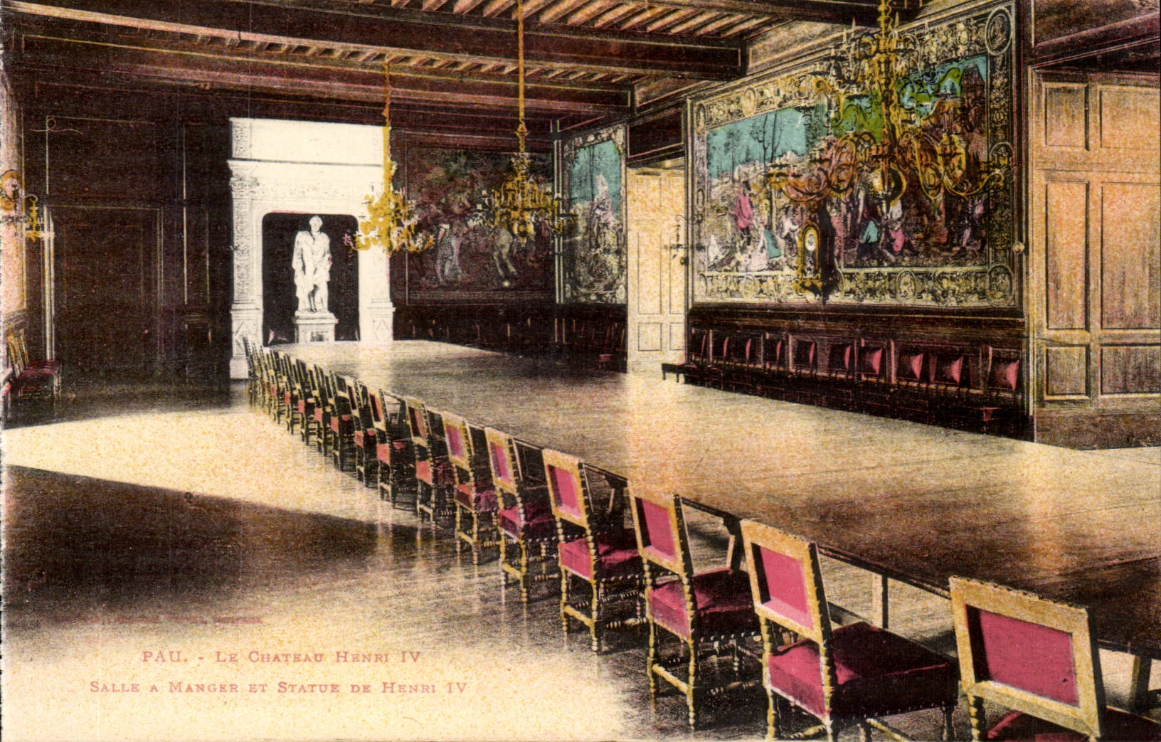 Pau - Castle Henri IV - Dining room and Statue CPA