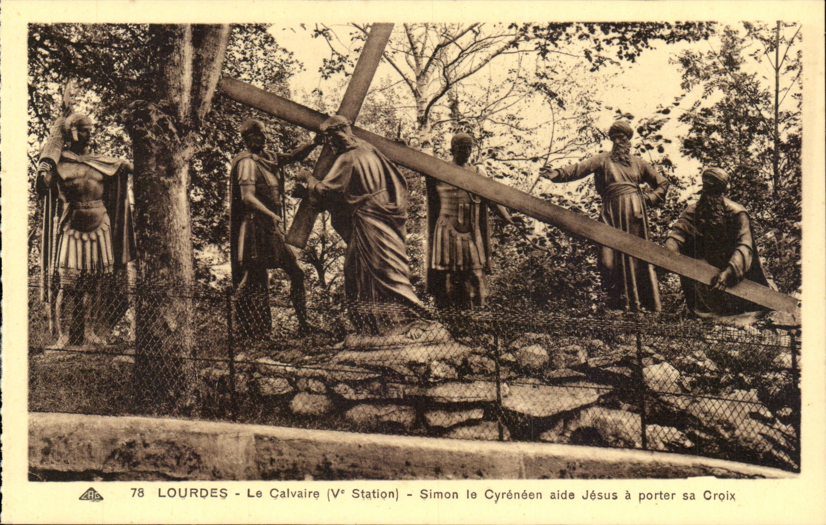Lourdes - the Martyrdom - V Station - Simon helps Jesus has door his cross - CPA