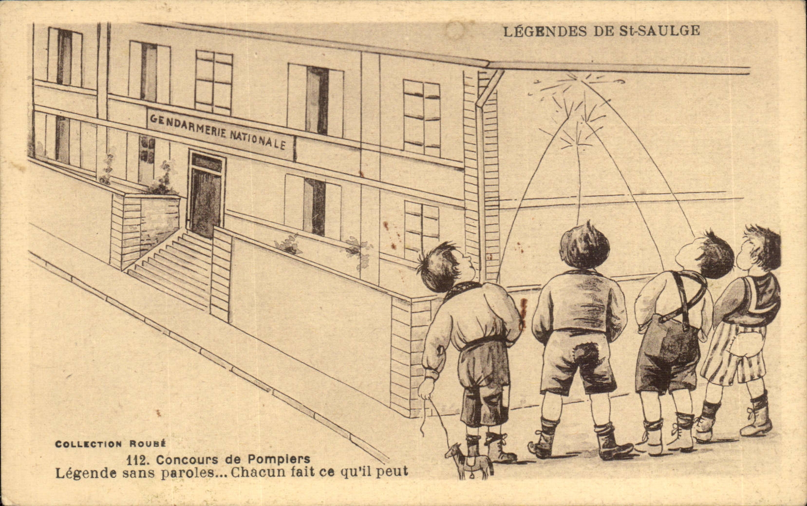 CPA Illustrateur Legendes de St Saulge Concours de pompiers (fireman)