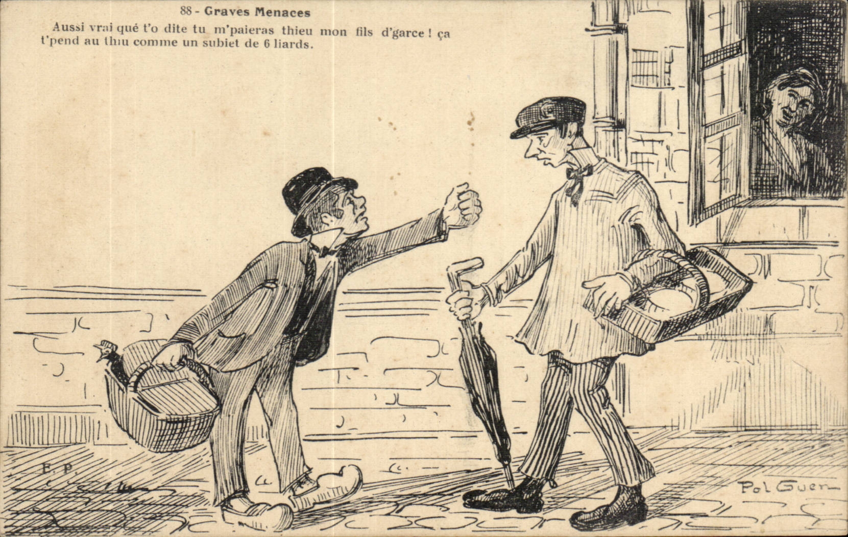 CPA Illustrateur Graves menaces Paysans Folklore