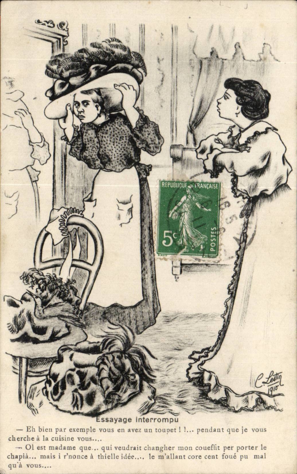CPA Illustrateur Essayage interrompu