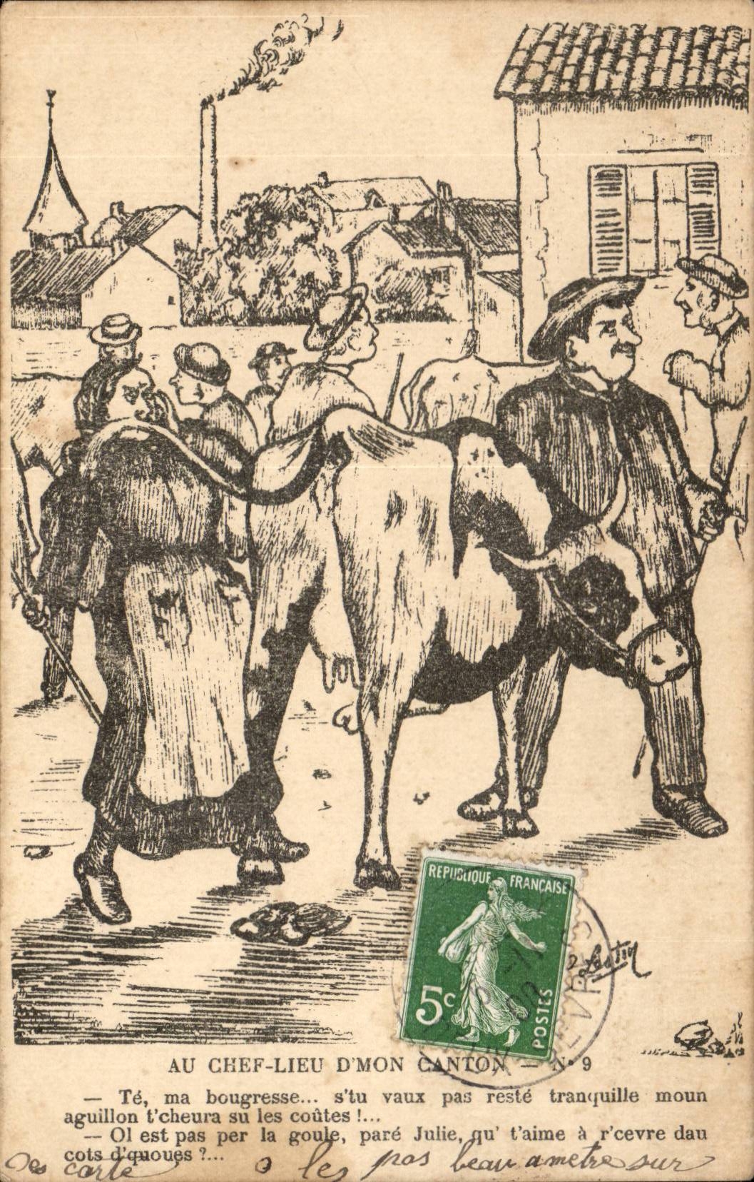 CPA Illustrateur Au cheef lieu d'mon canton ( vache cow )