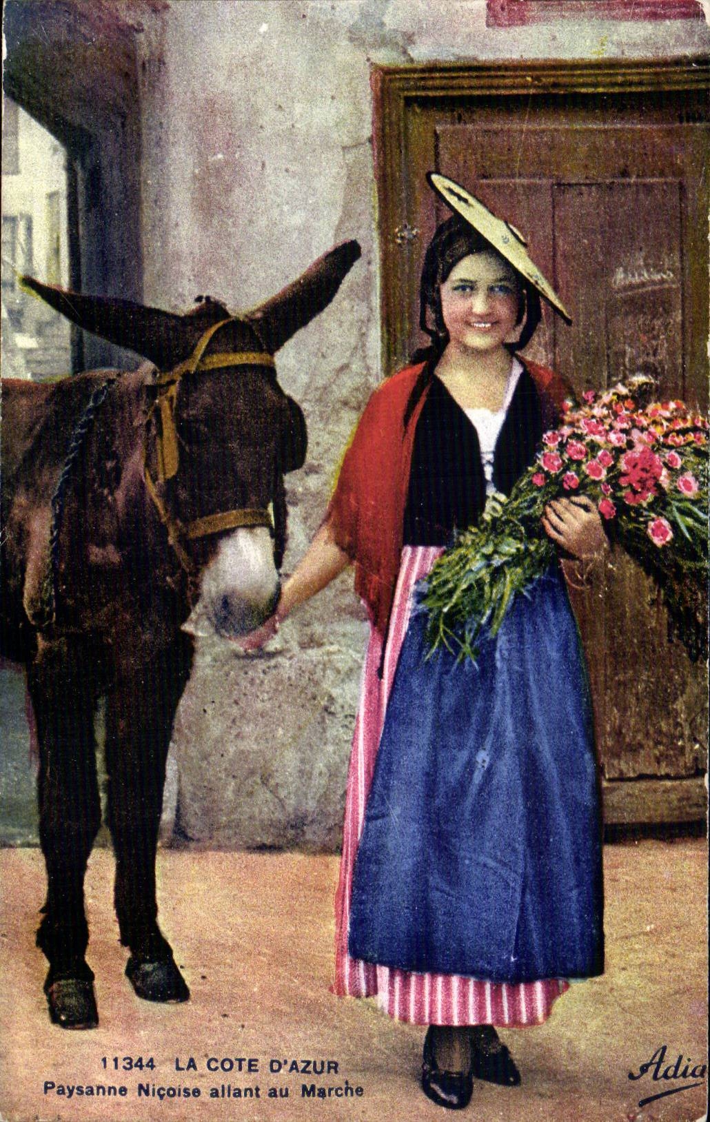Folklore - Costume - Dimension of Azure - Jeanne Nicoise active at the Market - ass - donkey - CPA
