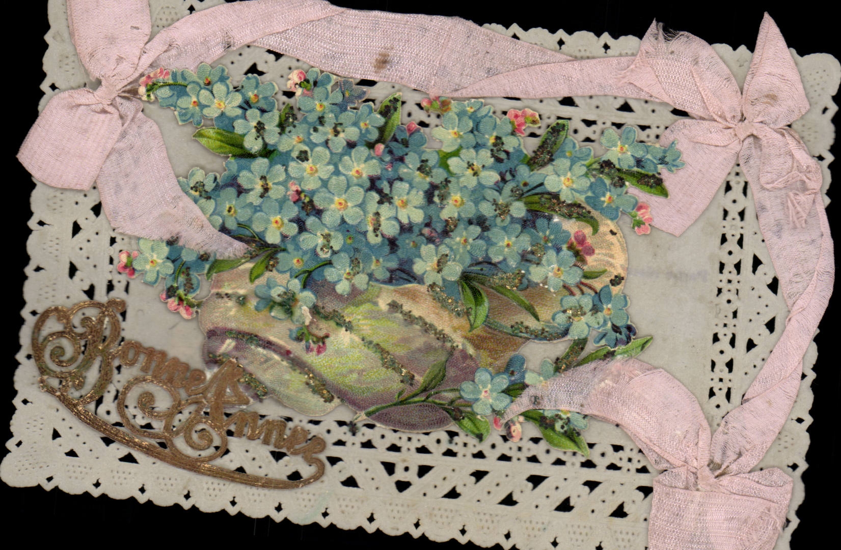 Fetes - Fleurs - Flowers - Bonne Annee - lace and glitter card - CPA