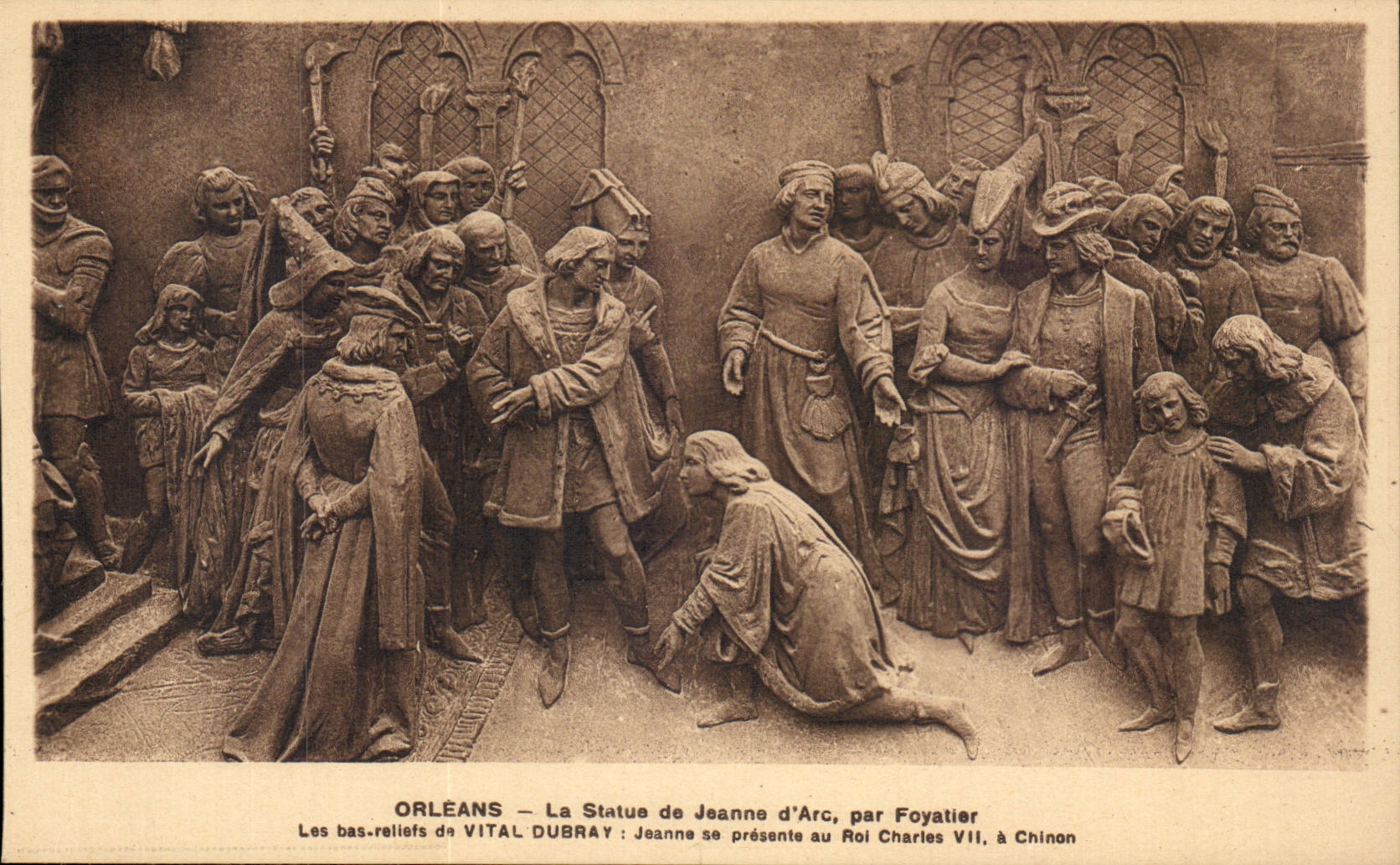 Orleans - Statue of Jeanne d' Arc by Low Foyaatier Relief - Jeanne is presented to the Charles VII - CPA