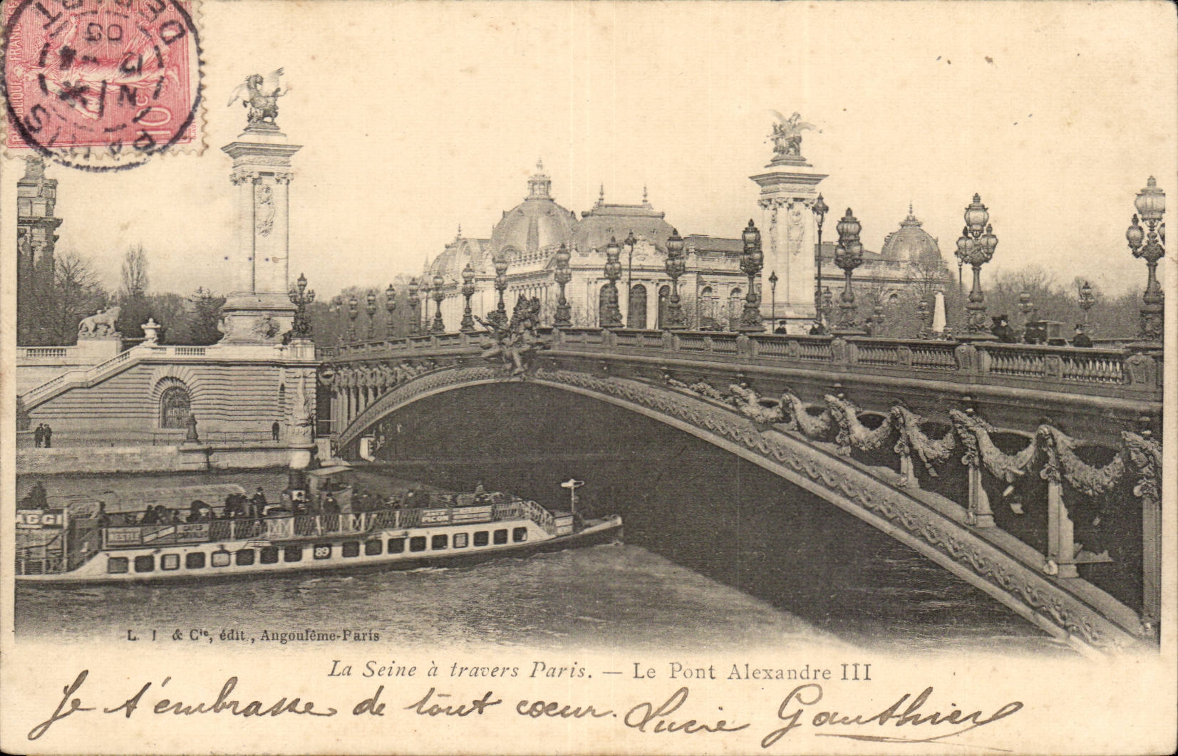 Paris - 7 - the Seine through Paris - the Bridge Alexandre - boat CPA