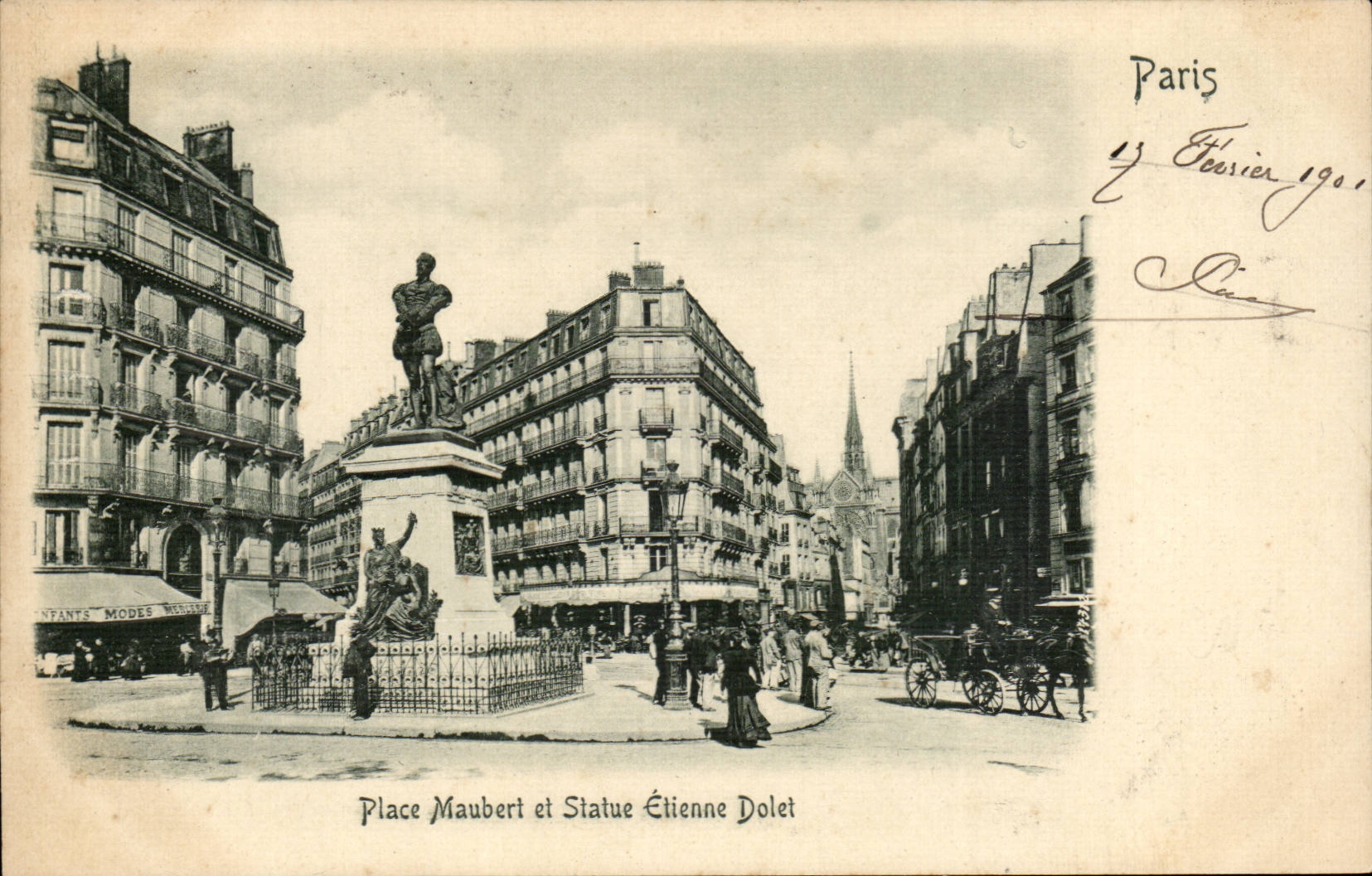 Paris CPA Places Maubert and Statue Etienne Dolet (drawing in relief!)