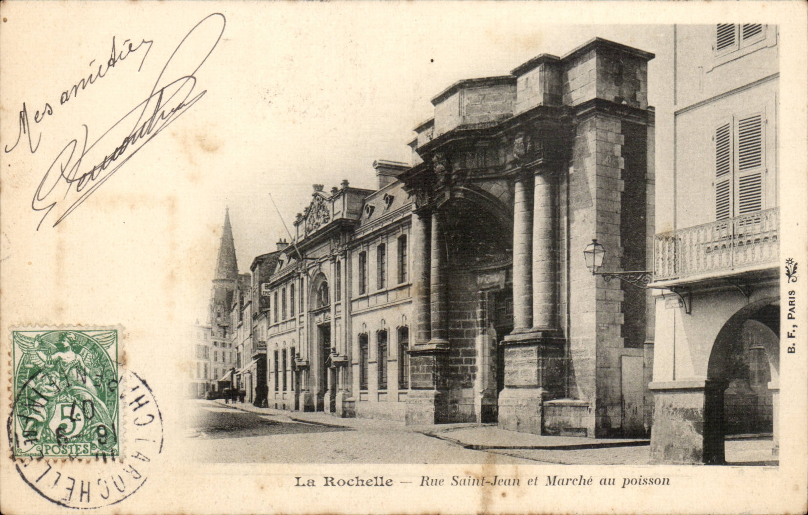 La Rochelle cPA Strasse Saint Denis und Markt mit Fischen