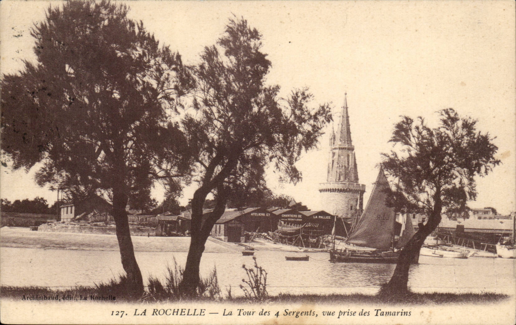 La Rochelle CPA der Aufsatz der 4 Sergeanten gesehen von den Tamarins (Baustelle Pallice)