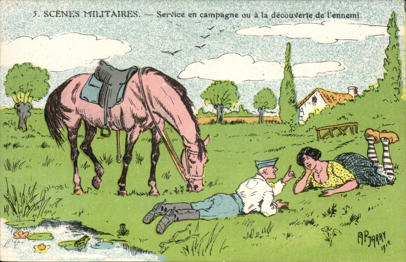 CPA Militaria Illustrator military Scenes Horse Jarry 1912 Service in countryside or with discovered of the enemy