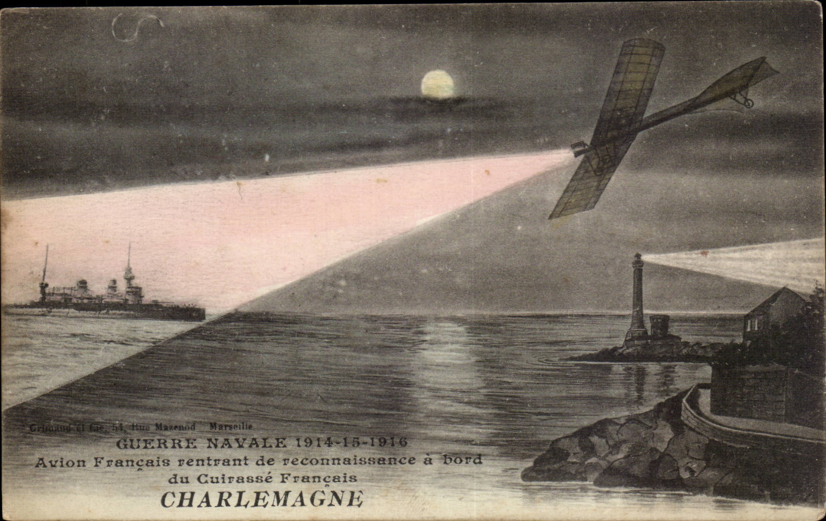 CPA Militaria Guerre naval Avion French returning of recognition has edge of the armor Charlemagne (headlight lighthouse